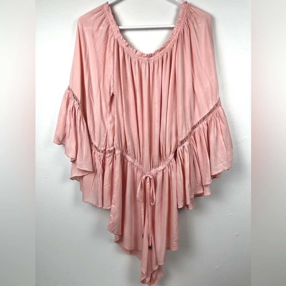 Elan Women’s Romper Blush Medium Billowy Bell Sleeves Drawstring Waist